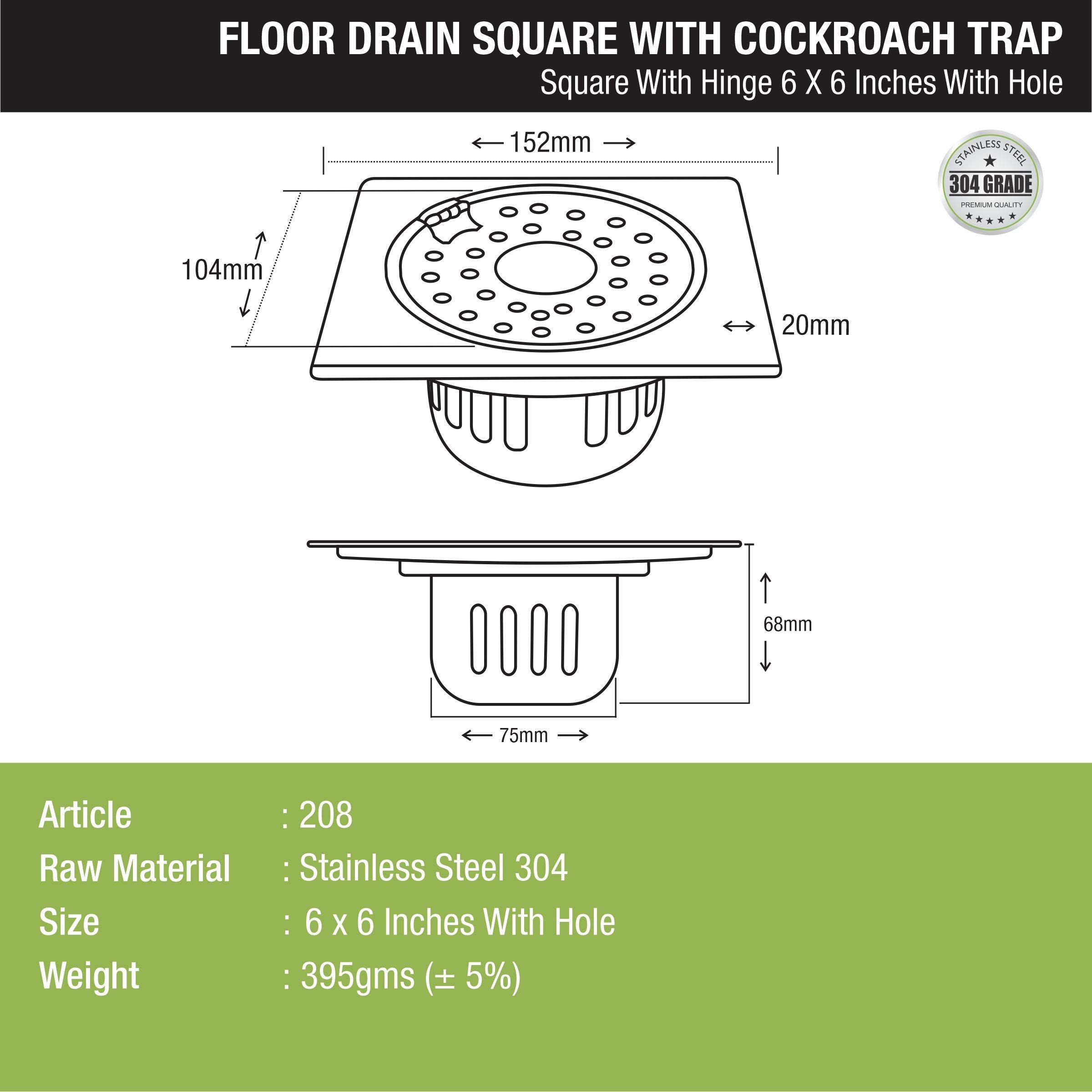 Square Floor Drain (6 x 6 Inches) with Hinge, Hole and Cockroach Trap - LIPKA - Lipka Home