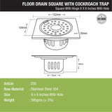 Square Floor Drain (6 x 6 Inches) with Hinge, Hole and Cockroach Trap - LIPKA