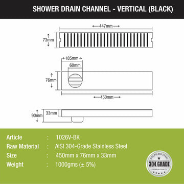 Vertical Shower Drain Channel - Black (18 x 3 Inches) - LIPKA - Lipka Home