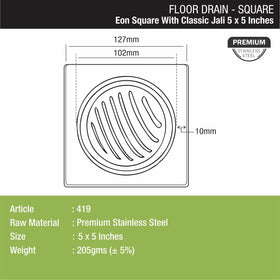 Eon Square Floor Drain with Classic Jali (5 x 5 Inches) - LIPKA - Lipka Home
