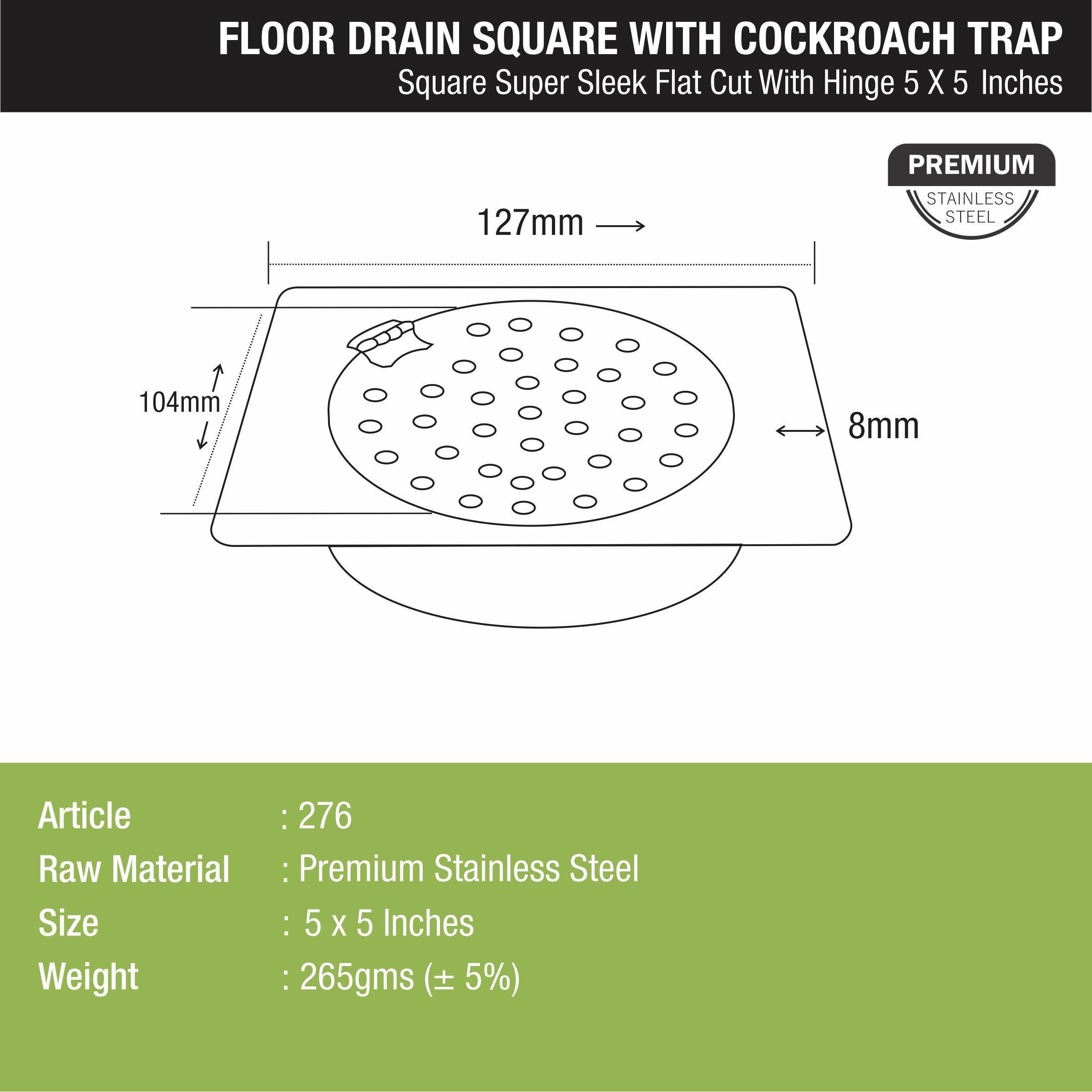Super Sleek Square Flat Cut Floor Drain (5 x 5 Inches) with Hinge and Cockroach Trap - LIPKA - Lipka Home