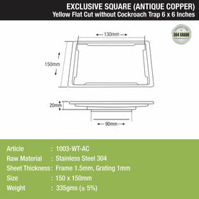 Yellow Exclusive Square Flat Cut Floor Drain in Antique Copper PVD Coating (6 x 6 Inches) - LIPKA - Lipka Home