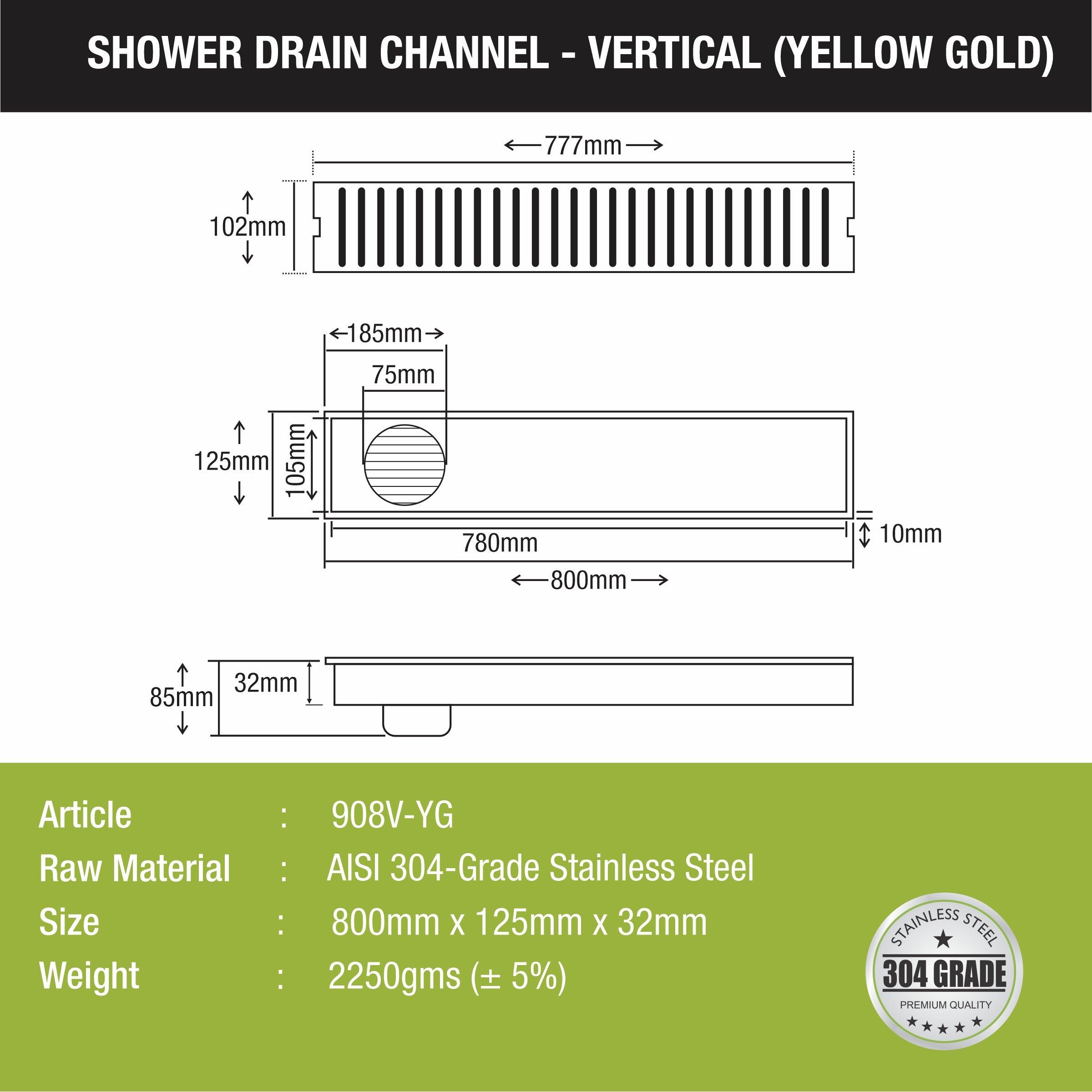 Vertical Shower Drain Channel - Yellow Gold (32 x 5 Inches) - LIPKA - Lipka Home