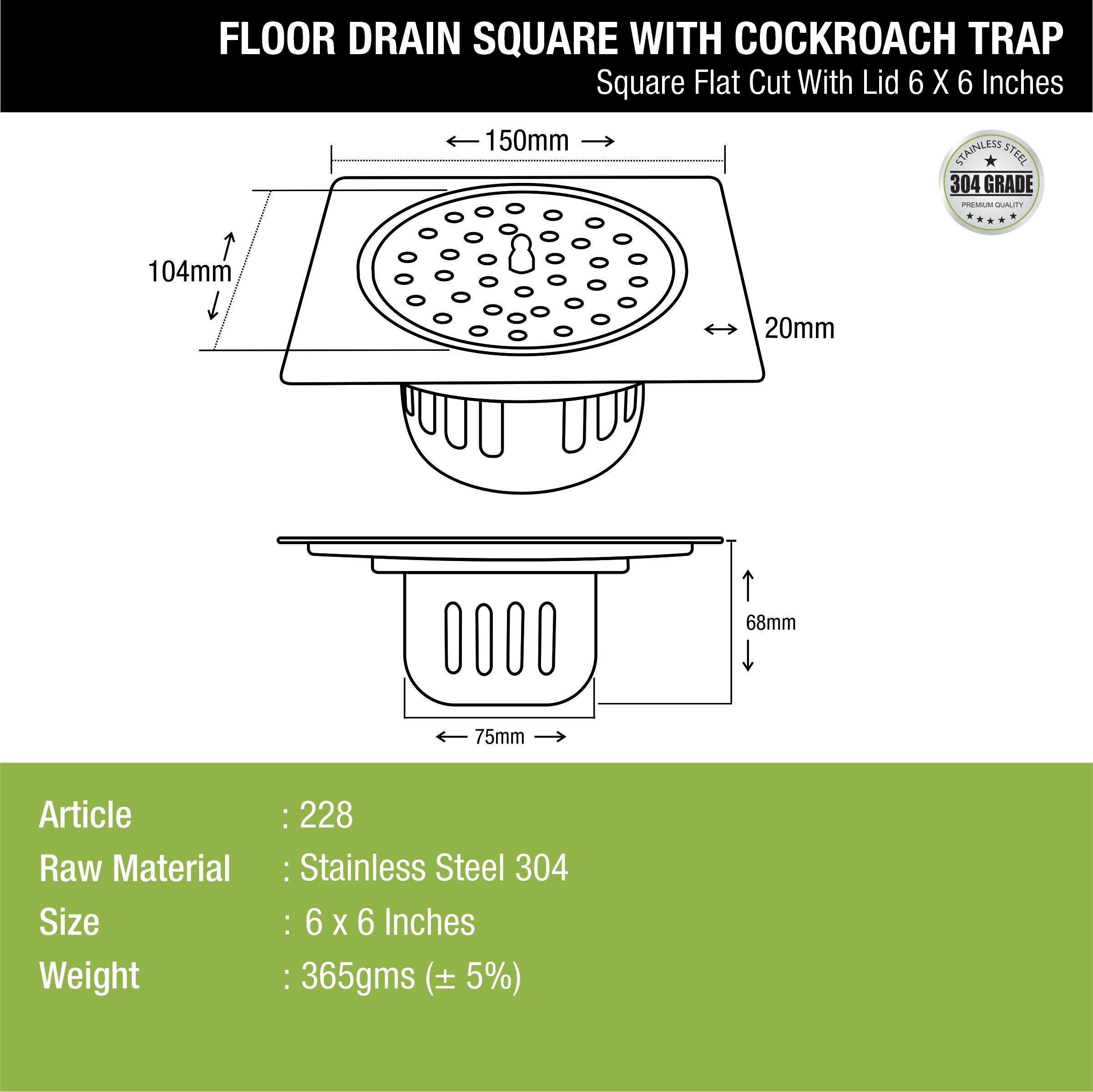 Square Flat Cut Floor Drain (6 x 6 Inches) with Lid and Cockroach Trap - LIPKA - Lipka Home