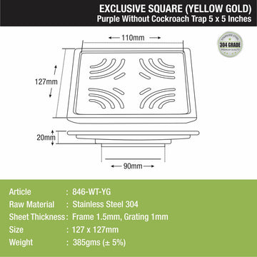 Purple Exclusive Square Floor Drain in Yellow Gold PVD Coating (5 x 5 Inches) - LIPKA - Lipka Home