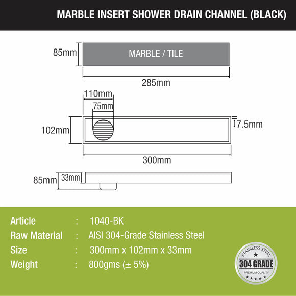 Marble Insert Shower Drain Channel - Black (12 x 4 Inches) - LIPKA - Lipka Home