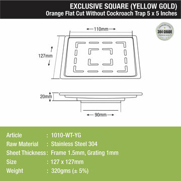 Orange Exclusive Square Flat Cut Floor Drain in Yellow Gold PVD Coating (5 x 5 Inches) - LIPKA - Lipka Home
