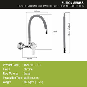 Fusion Single Lever Sink Mixer with Grey Flexible Silicone Spout (20 Inches) - LIPKA - Lipka Home