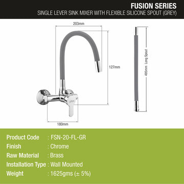 Fusion Single Lever Sink Mixer with Grey Flexible Silicone Spout (20 Inches) - LIPKA - Lipka Home