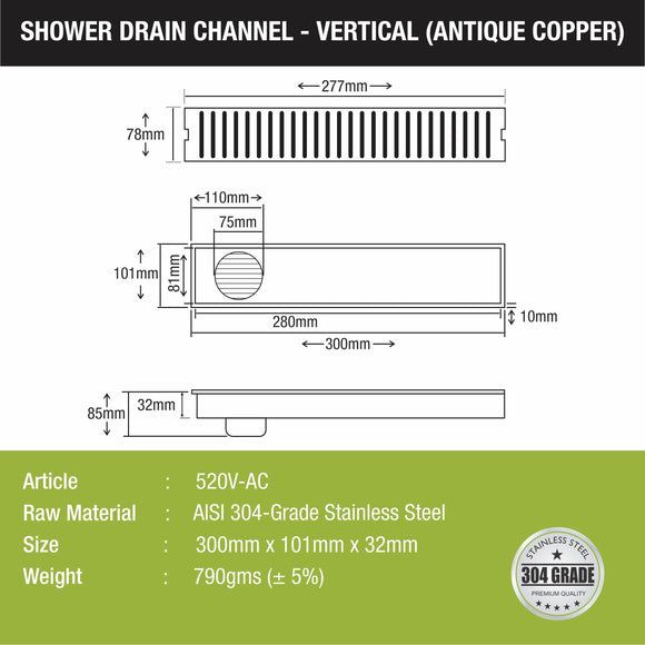 Vertical Shower Drain Channel - Antique Copper (12 x 4 Inches) - LIPKA - Lipka Home