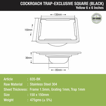 Yellow Exclusive Square Floor Drain in Black PVD Coating (6 x 6 Inches) with Cockroach Trap - LIPKA - Lipka Home