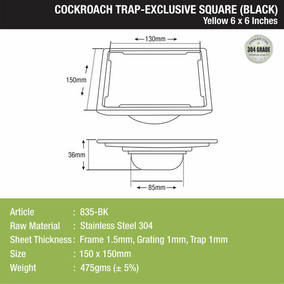 Yellow Exclusive Square Floor Drain in Black PVD Coating (6 x 6 Inches) with Cockroach Trap - LIPKA - Lipka Home