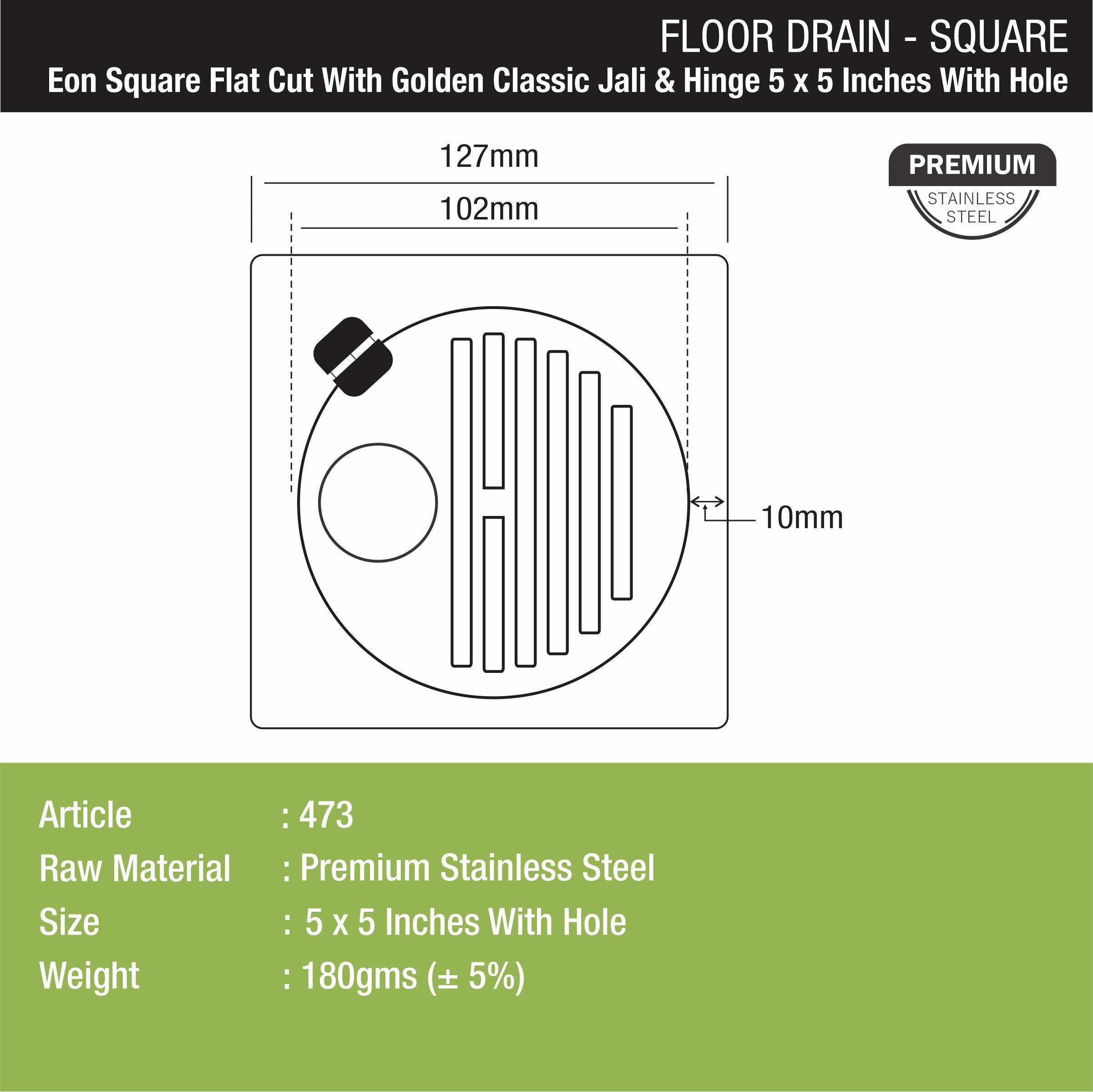 Eon Square Flat Cut Floor Drain with Golden Classic Jali, Hinge and Hole (5 x 5 Inches) - LIPKA - Lipka Home