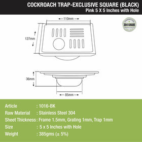 Pink Exclusive Square Floor Drain in Black PVD Coating (5 x 5 Inches) with Hole & Cockroach Trap - LIPKA - Lipka Home