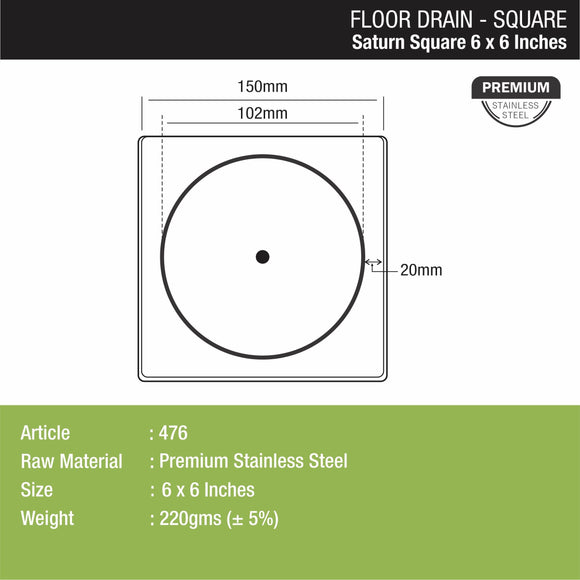 Saturn Square Floor Drain (6 x 6 Inches) - LIPKA - Lipka Home
