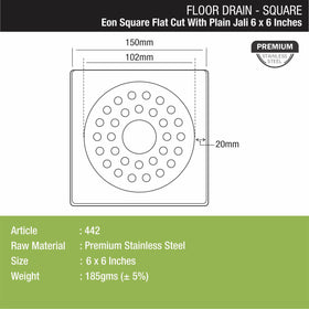 Eon Square Flat Cut Floor Drain with Plain Jali and Hole (6 x 6 Inches) - LIPKA - Lipka Home