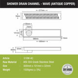 Wave Shower Drain Channel - Antique Copper (24 x 4 Inches) - LIPKA