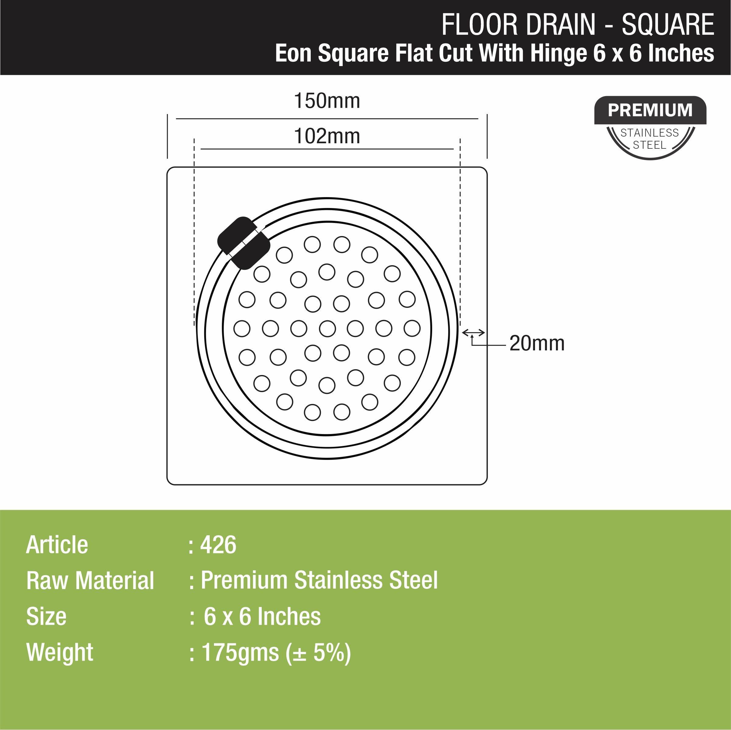 Eon Square Flat Cut Floor Drain with Hinge (6 x 6 Inches) - LIPKA - Lipka Home