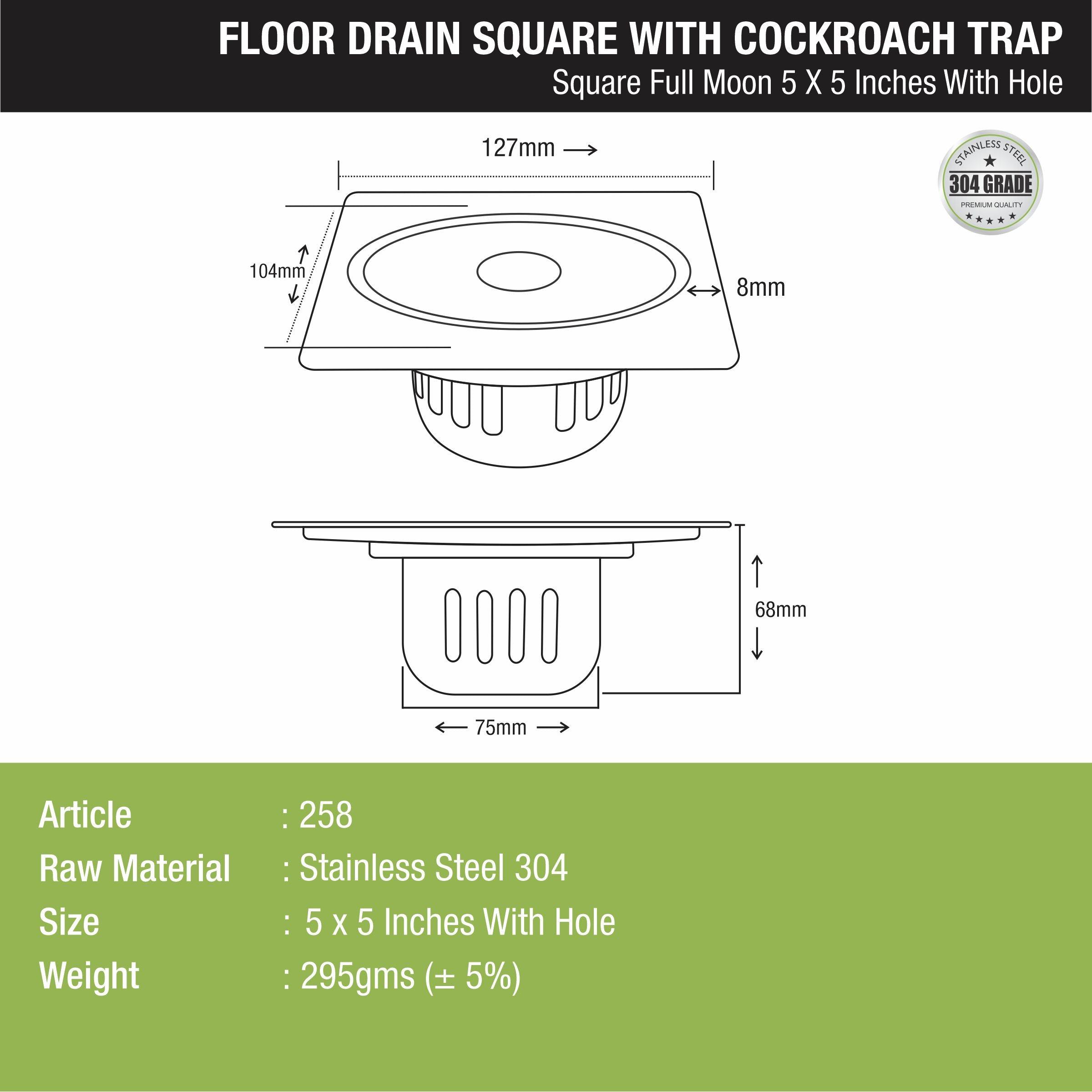 Full Moon Square Floor Drain (5 x 5 Inches) with Hole and Cockroach Trap - LIPKA - Lipka Home