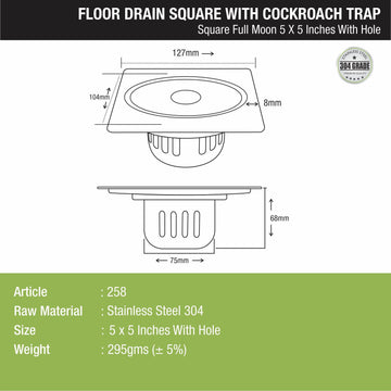 Full Moon Square Floor Drain (5 x 5 Inches) with Hole and Cockroach Trap - LIPKA - Lipka Home
