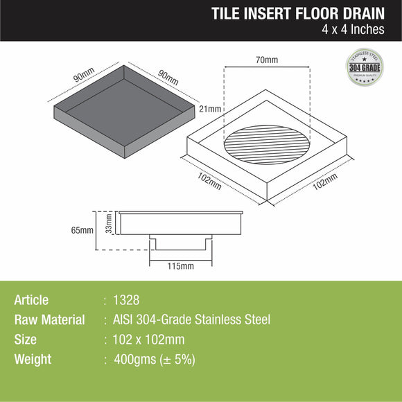 Tile Insert Square Floor Drain (4 x 4 Inches) - LIPKA - Lipka Home