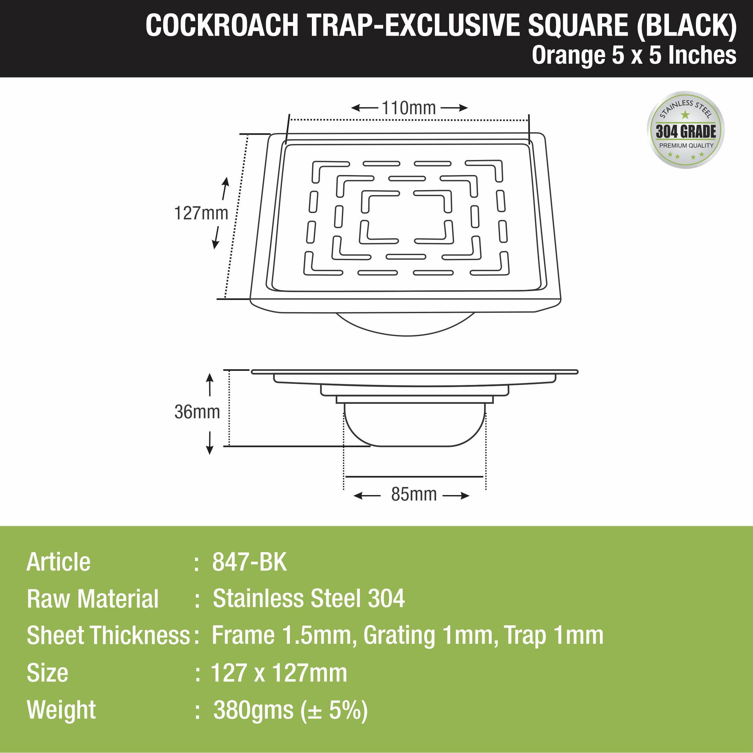 Orange Exclusive Square Floor Drain in Black PVD Coating (5 x 5 Inches) with Cockroach Trap size and measurement