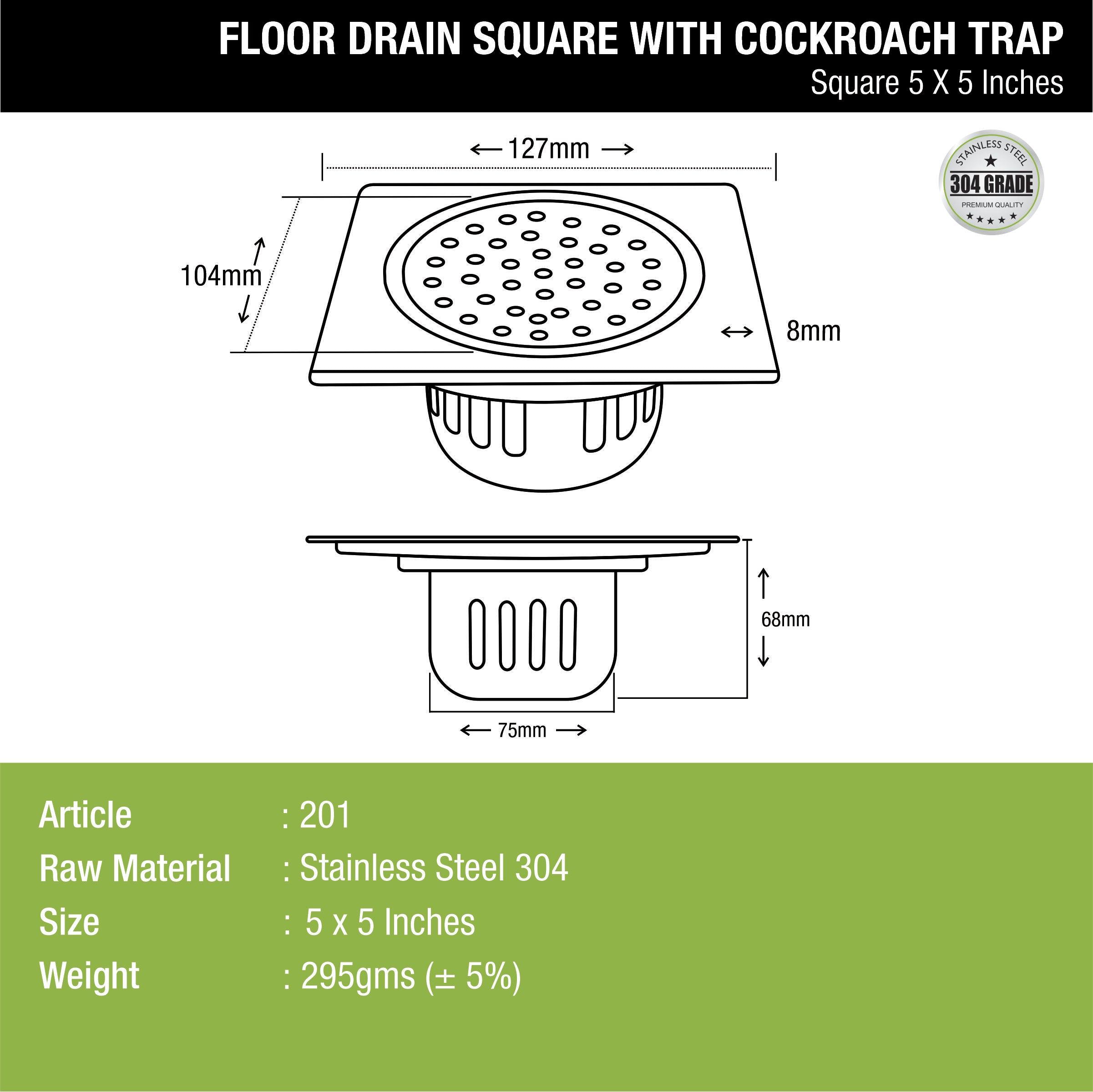 Square Floor Drain (5 x 5 Inches) with Cockroach Trap - LIPKA - Lipka Home