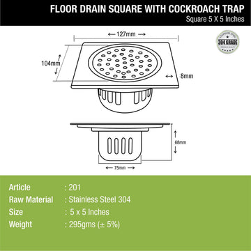 Square Floor Drain (5 x 5 Inches) with Cockroach Trap - LIPKA - Lipka Home