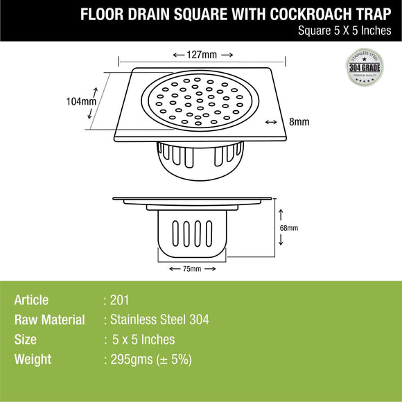Square Floor Drain (5 x 5 Inches) with Cockroach Trap - LIPKA - Lipka Home