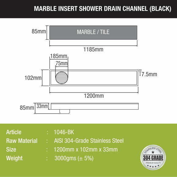 Marble Insert Shower Drain Channel - Black (48 x 4 Inches) - LIPKA - Lipka Home