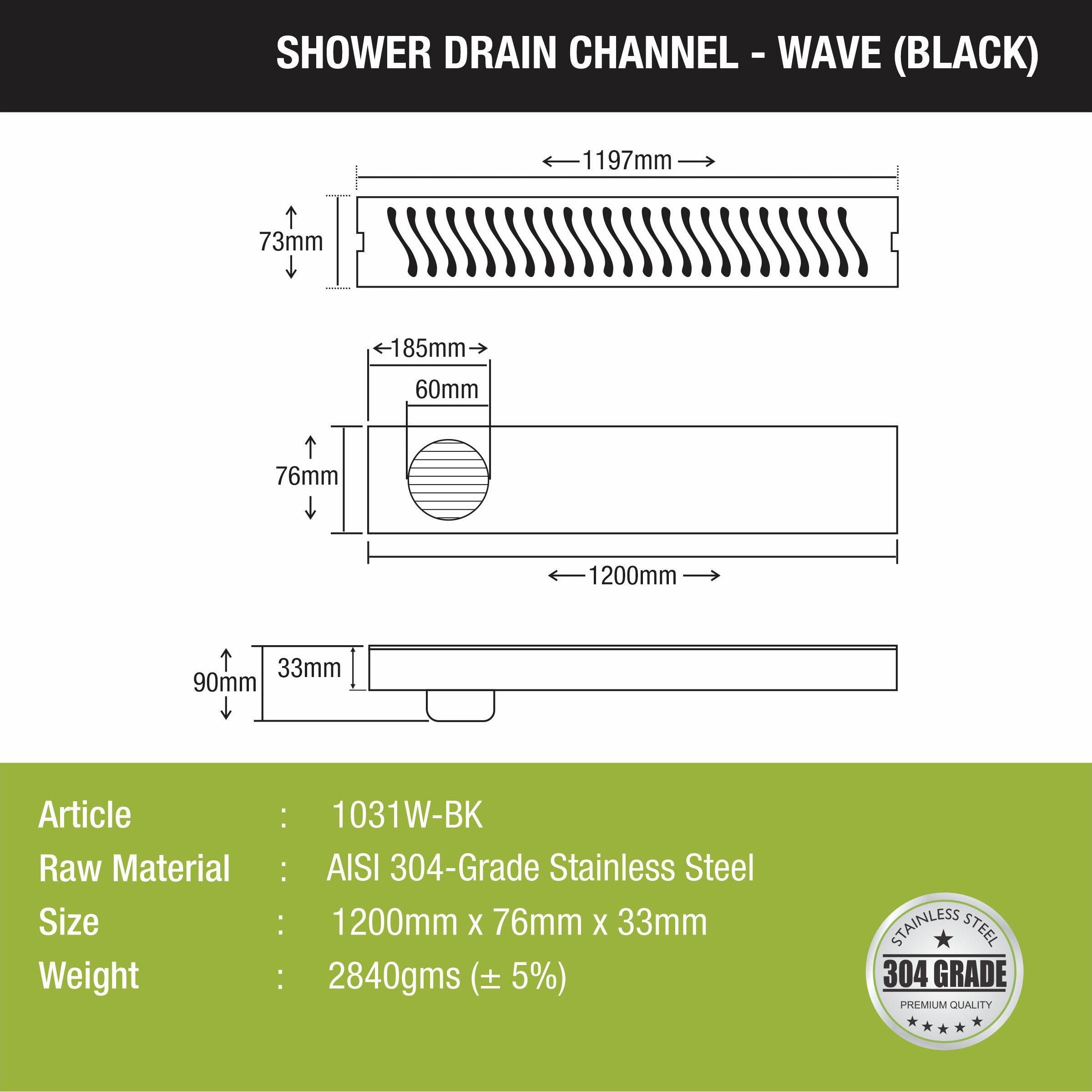 Wave Shower Drain Channel - Black (48 x 3 Inches) size and measurement