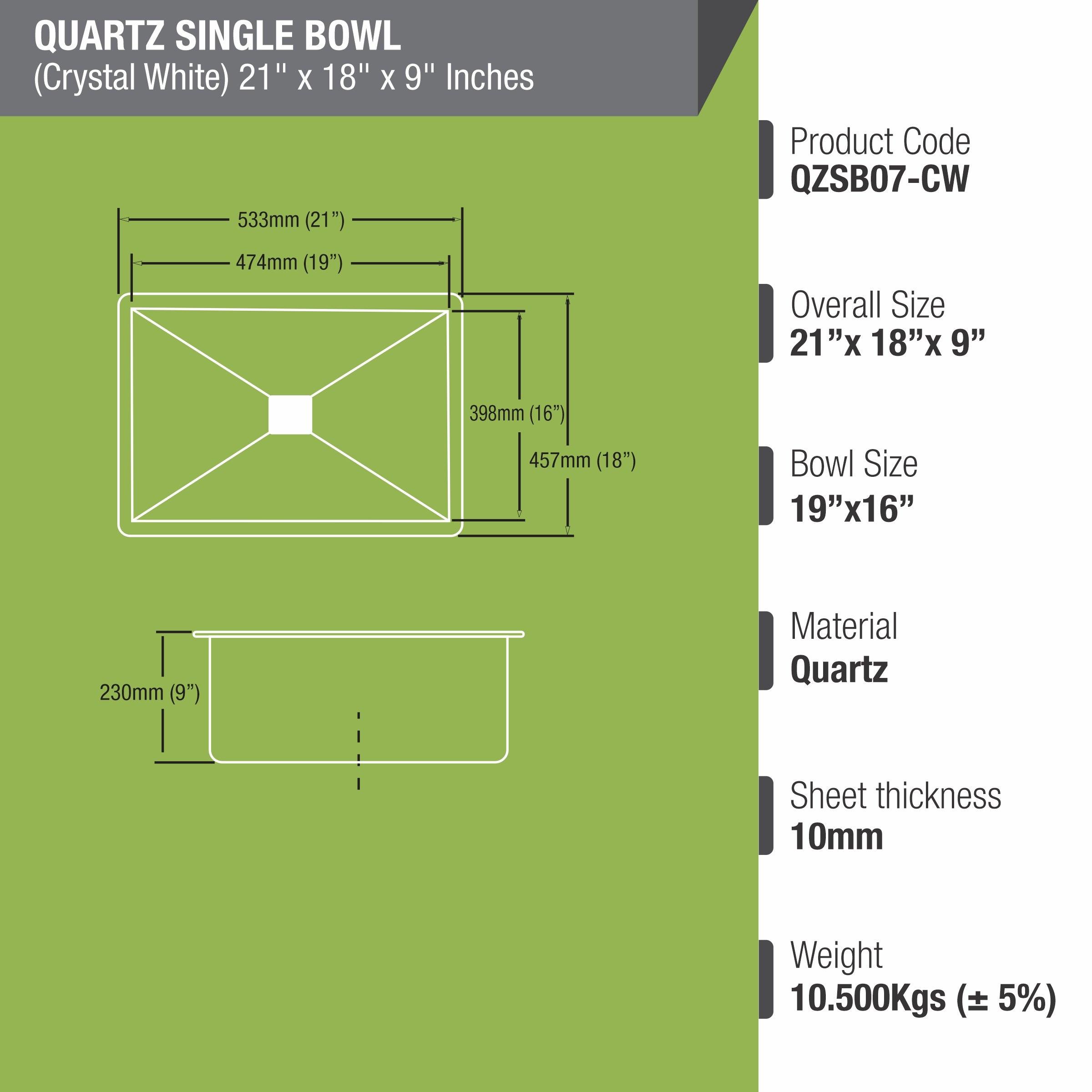 Crystal White Quartz Single Bowl Kitchen Sink (21 x 18 x 9 Inches) - LIPKA - Lipka Home