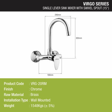 Virgo Single Lever Sink Mixer with Swivel Spout (15 Inches) - LIPKA - Lipka Home