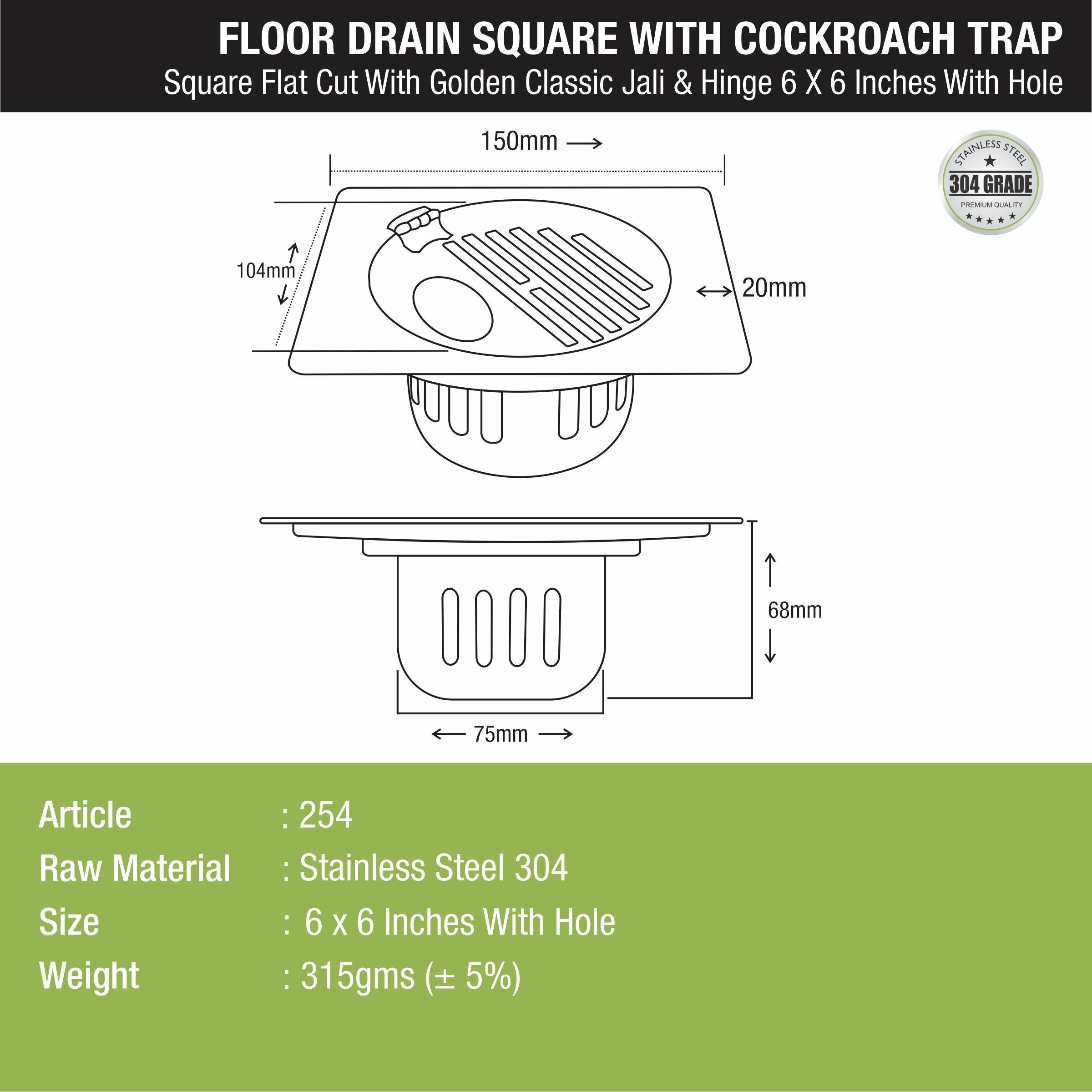 Golden Classic Jali Square Flat Cut Floor Drain (6 x 6 Inches) with Hinge, Hole and Cockroach Trap - LIPKA - Lipka Home