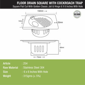 Golden Classic Jali Square Flat Cut Floor Drain (6 x 6 Inches) with Hinge, Hole and Cockroach Trap - LIPKA - Lipka Home