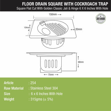 Golden Classic Jali Square Flat Cut Floor Drain (6 x 6 Inches) with Hinge, Hole and Cockroach Trap - LIPKA - Lipka Home