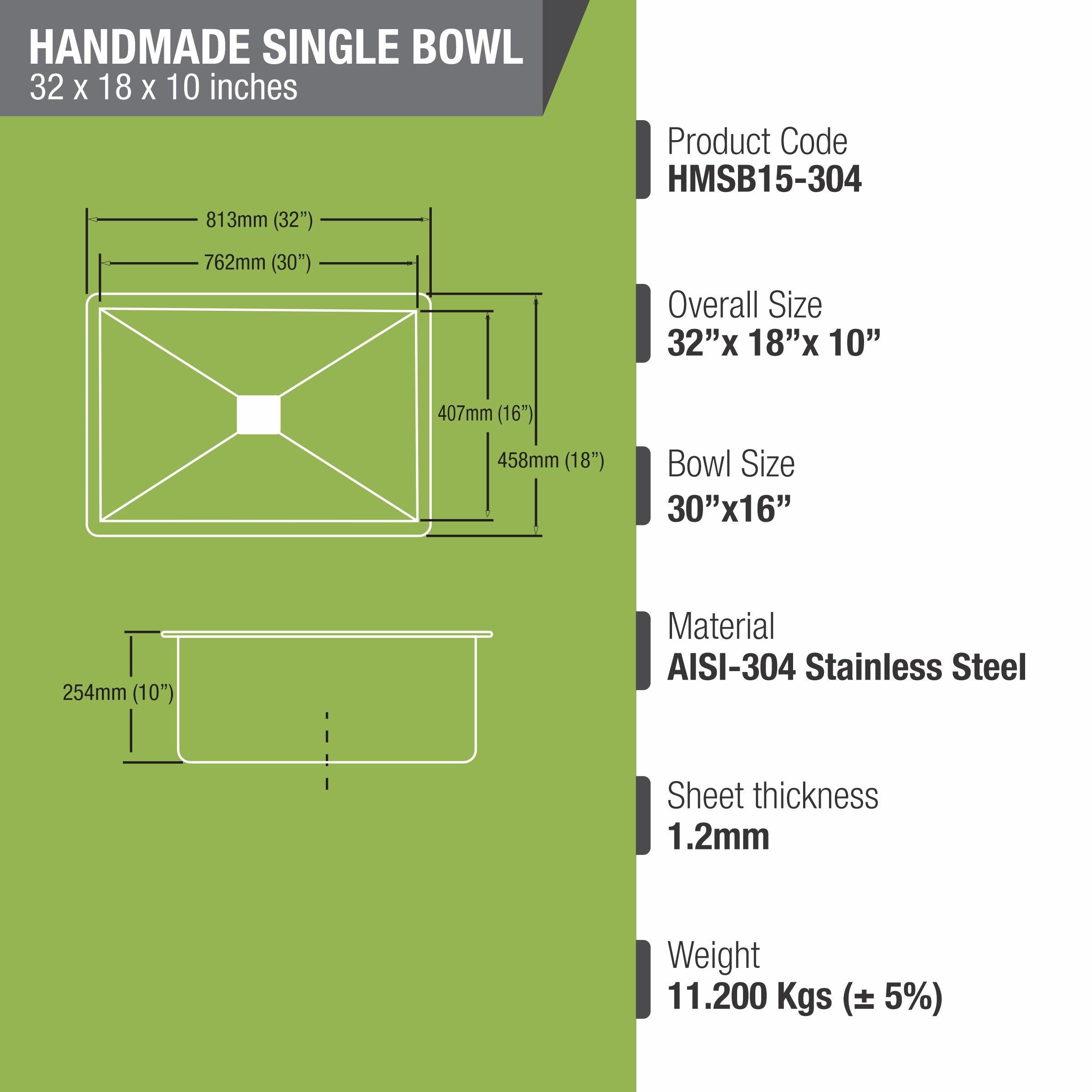 Handmade Single Bowl 304-Grade Kitchen Sink (32 x 18 x 10 Inches) - LIPKA - Lipka Home