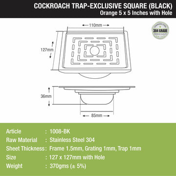 Orange Exclusive Square Floor Drain in Black PVD Coating (5 x 5 Inches) with Hole & Cockroach Trap - LIPKA - Lipka Home
