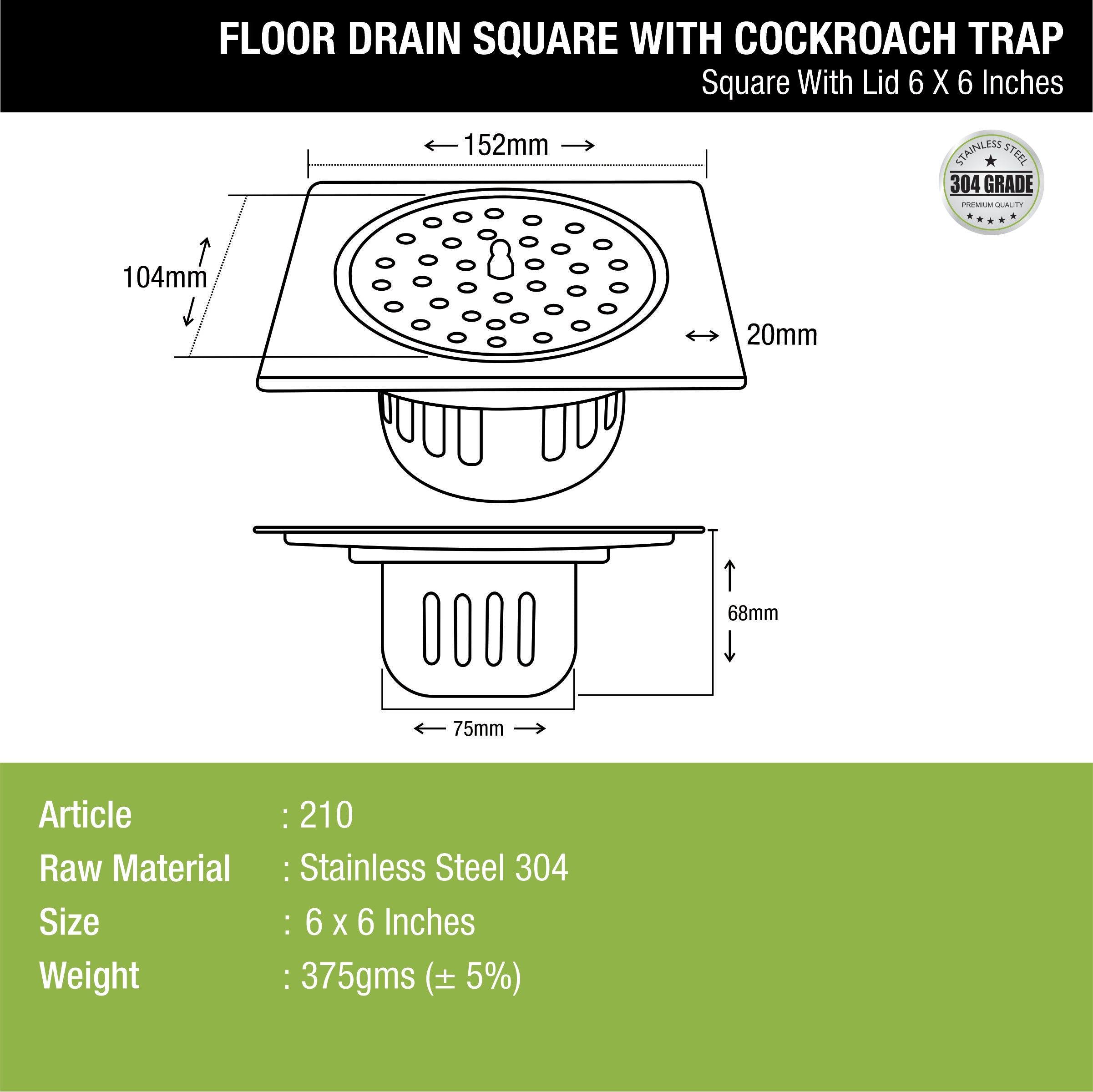 Square Floor Drain (6 x 6 Inches) with Lid and Cockroach Trap - LIPKA - Lipka Home