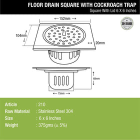 Square Floor Drain (6 x 6 Inches) with Lid and Cockroach Trap - LIPKA - Lipka Home