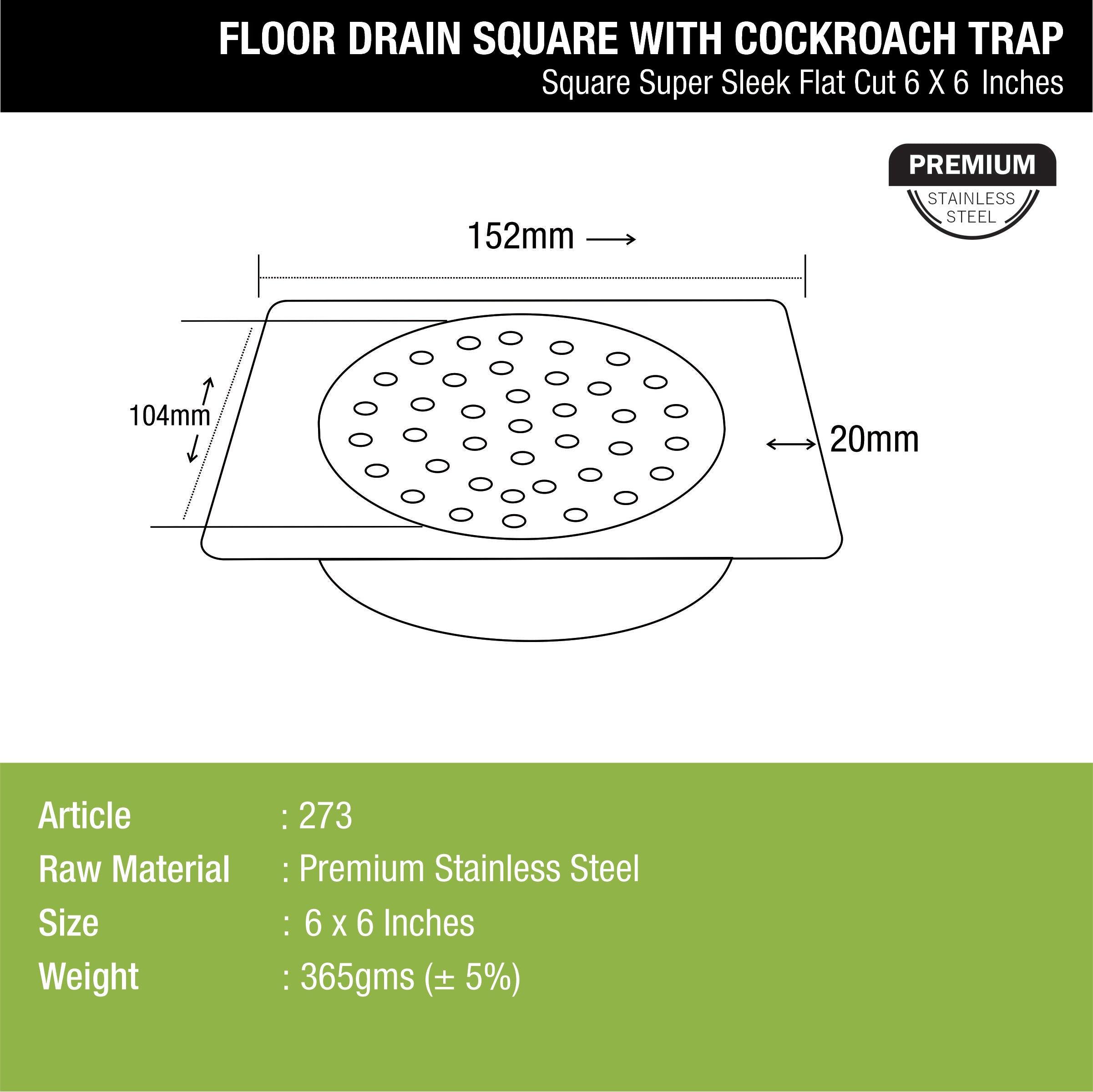 Super Sleek Square Flat Cut Floor Drain (6 x 6 Inches) with Cockroach Trap - LIPKA - Lipka Home