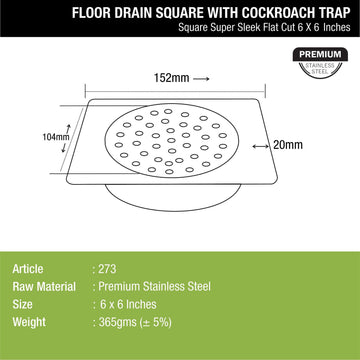Super Sleek Square Flat Cut Floor Drain (6 x 6 Inches) with Cockroach Trap - LIPKA - Lipka Home