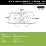 Super Sleek Square Flat Cut Floor Drain (6 x 6 Inches) with Cockroach Trap - LIPKA