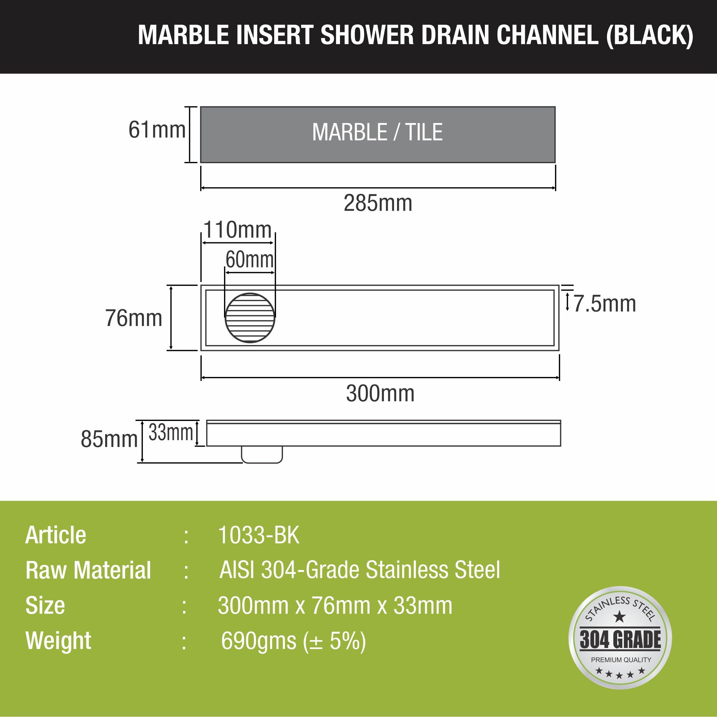 Marble Insert Shower Drain Channel - Black (12 x 3 Inches) size and measurement