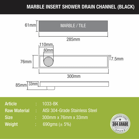 Marble Insert Shower Drain Channel - Black (12 x 3 Inches) - LIPKA - Lipka Home