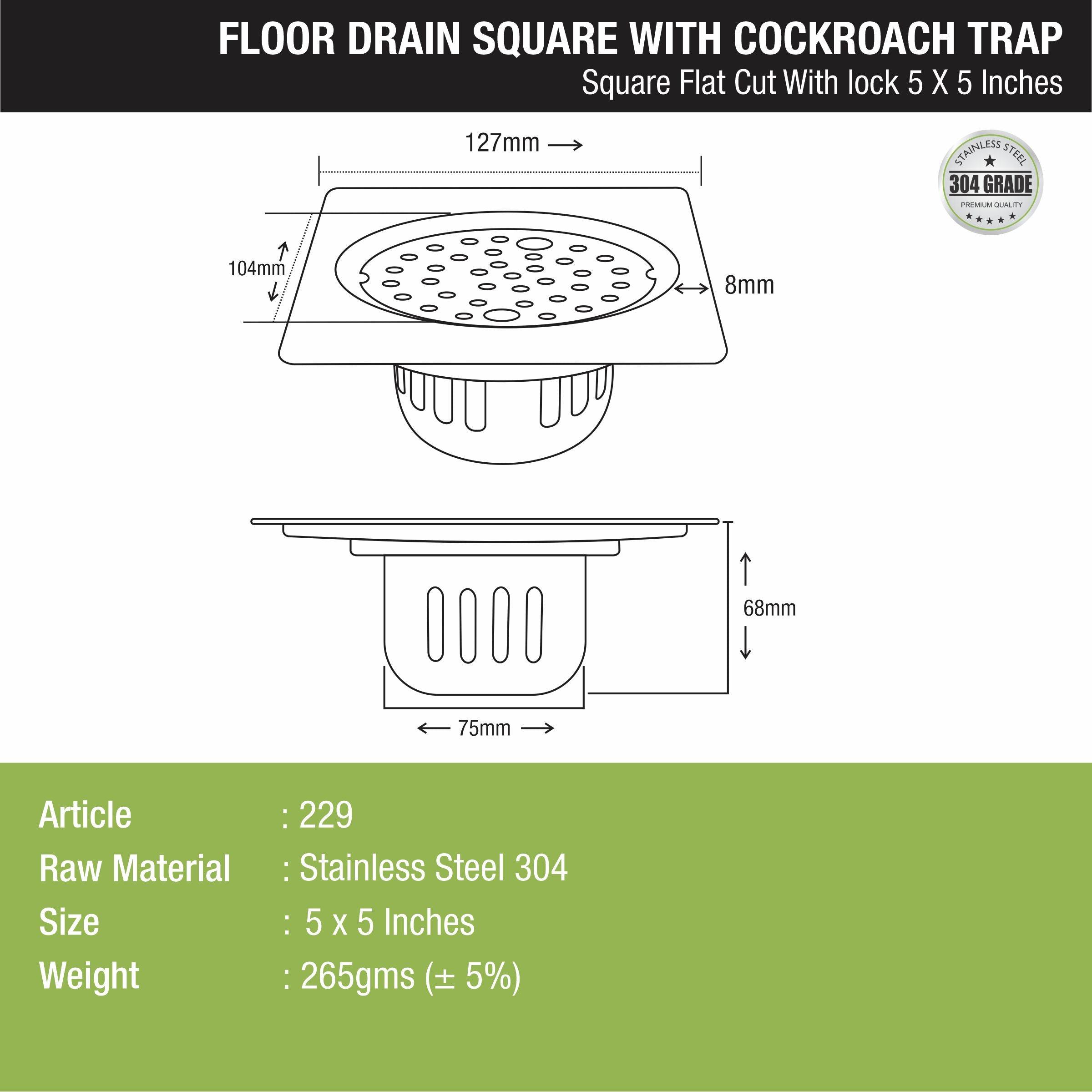 Square Flat Cut Floor Drain (5 x 5 Inches) with Lock and Cockroach Trap - LIPKA - Lipka Home