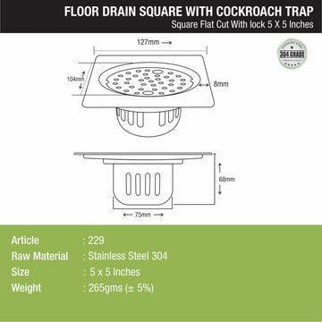 Square Flat Cut Floor Drain (5 x 5 Inches) with Lock and Cockroach Trap - LIPKA - Lipka Home