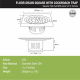 Square Flat Cut Floor Drain (5 x 5 Inches) with Lock and Cockroach Trap - LIPKA