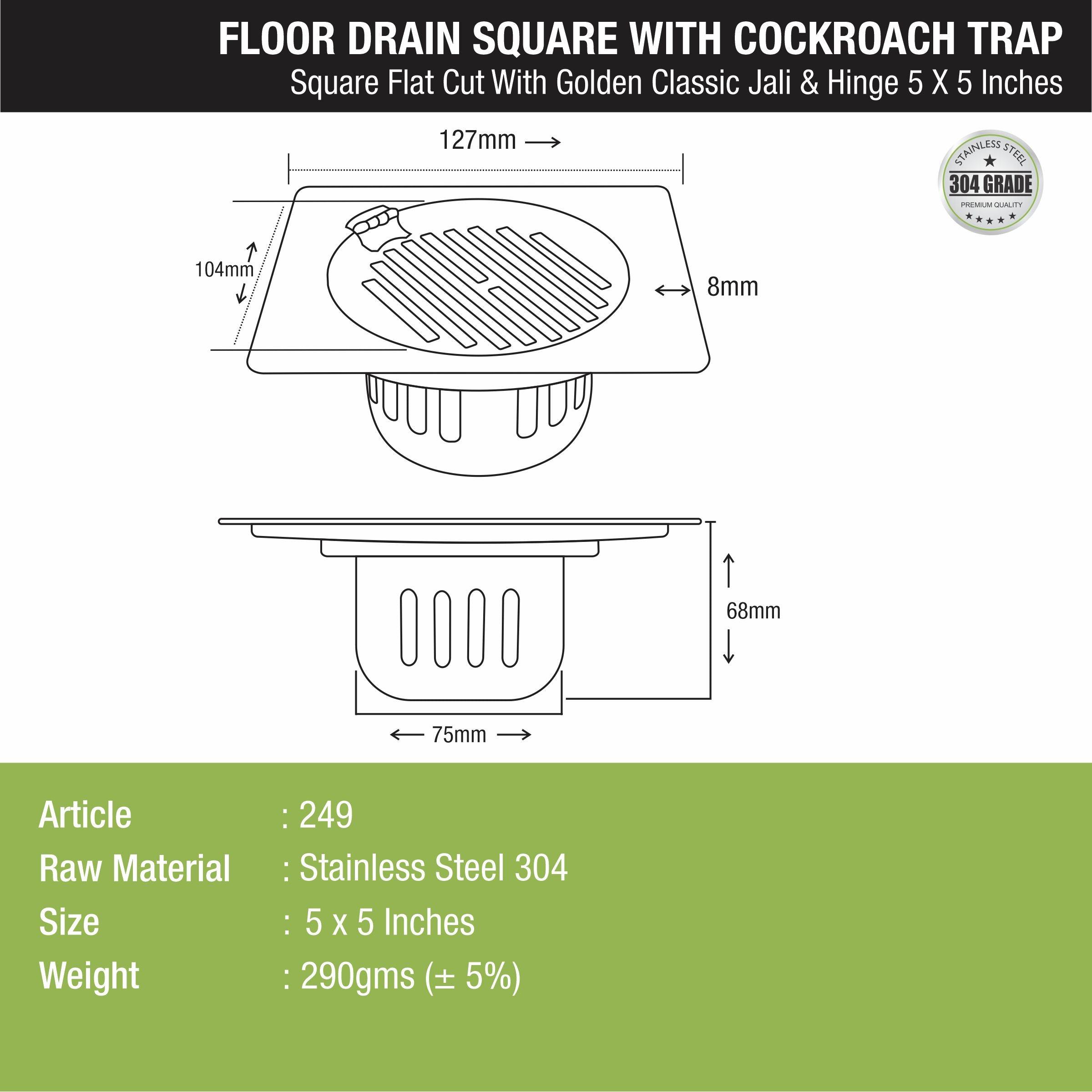 Golden Classic Jali Square Flat Cut Floor Drain (5 x 5 Inches) with Hinge and Cockroach Trap - LIPKA - Lipka Home
