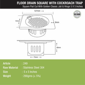 Golden Classic Jali Square Flat Cut Floor Drain (5 x 5 Inches) with Hinge and Cockroach Trap - LIPKA - Lipka Home